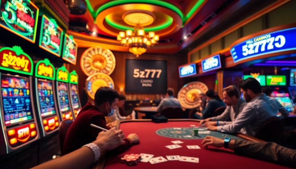 Players experiencing the thrill of winning at 5z777 casino games with vibrant slot machines and roulette wheels.
