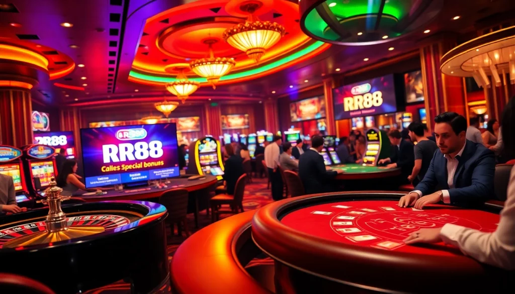 Experience the thrilling gameplay at RR88 with players at vibrant casino tables and colorful slots.